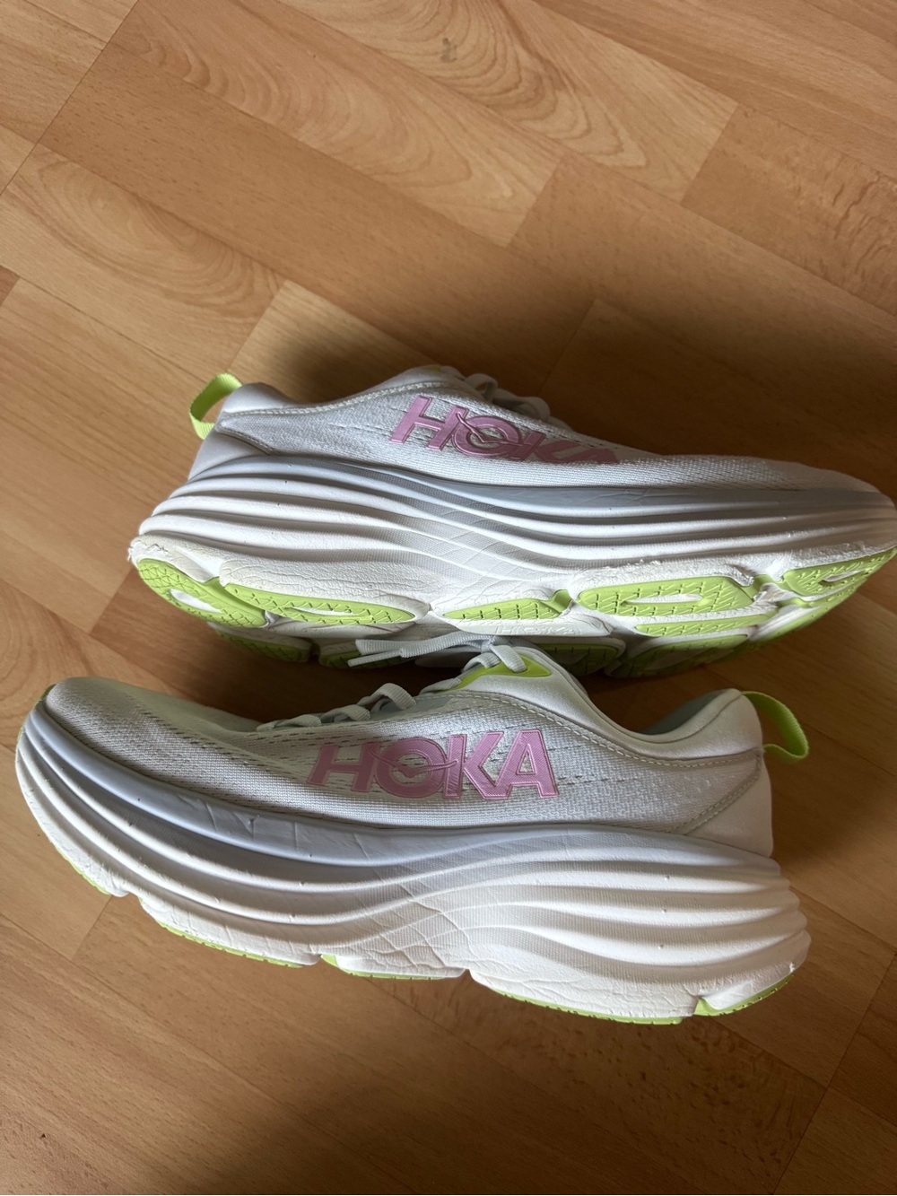 Hoka mens White Running Shoes with Pink Logo and Lime Accents